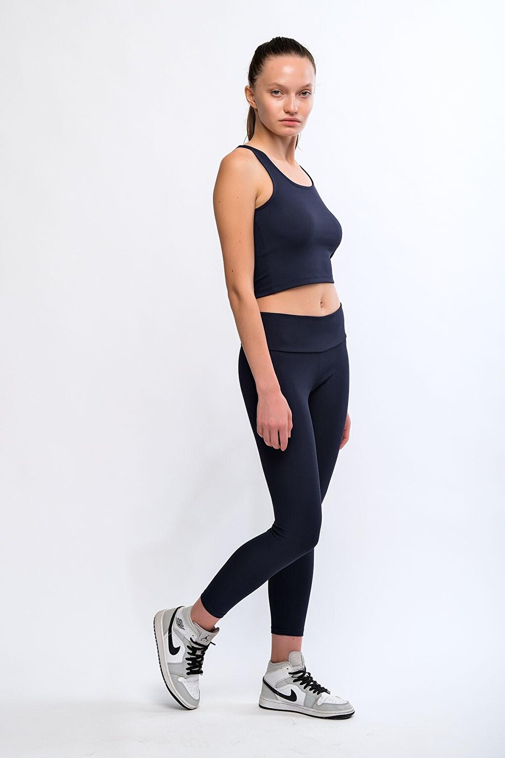 Navy Blue Women's High Waist Ribbed Push Up Sports Leggings - Maren