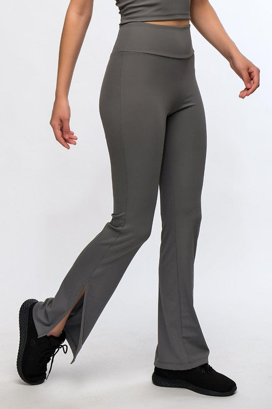 Anthracite Women's High Waist Ribbed Flare Leg Sports Leggings - Toledo