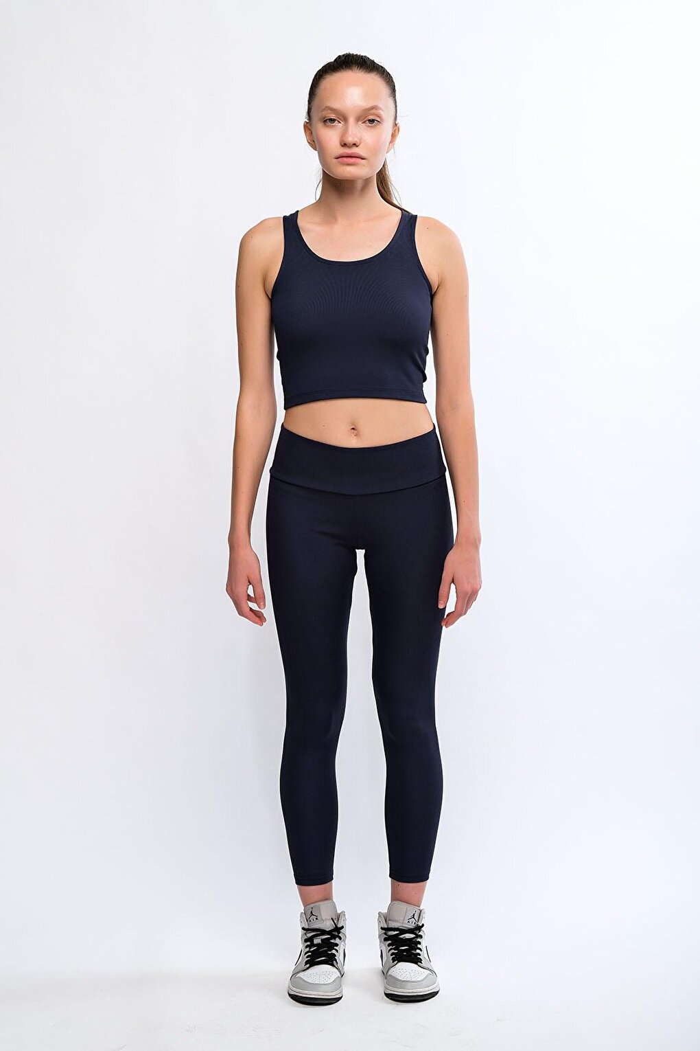 Navy Blue Women's High Waist Ribbed Push Up Sports Leggings - Maren