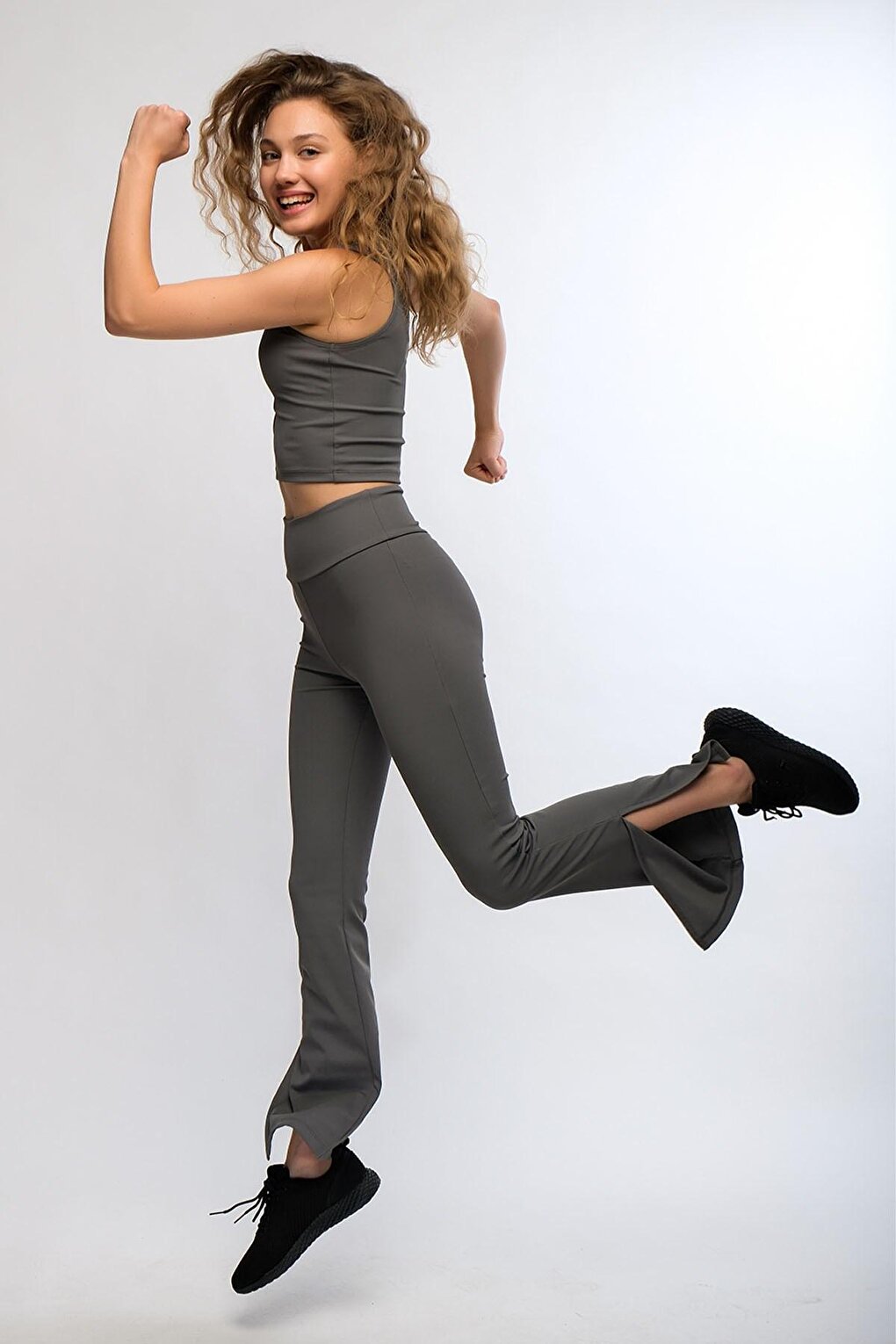 Anthracite Women's High Waist Ribbed Flare Leg Sports Leggings - Toledo