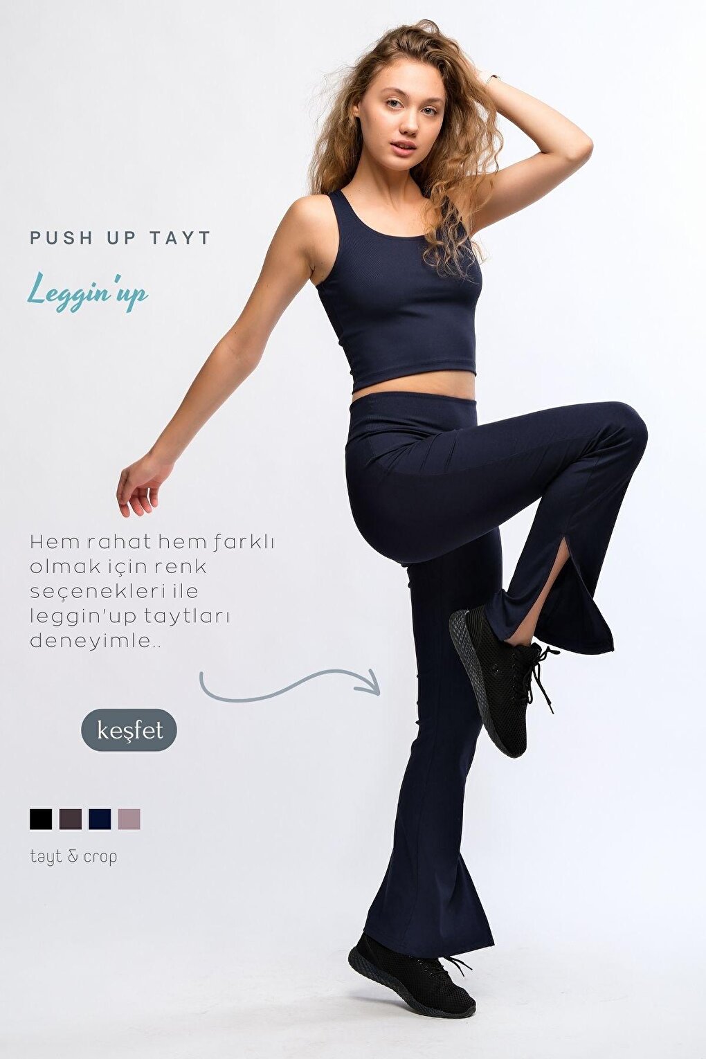 Navy Blue Women's High Waist Ribbed Flare Leg Sports Leggings - Toledo