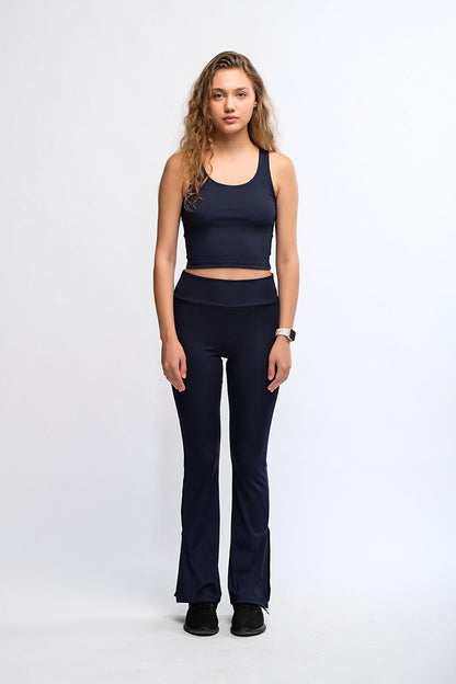 Navy Blue Women's High Waist Ribbed Flare Leg Sports Leggings - Toledo