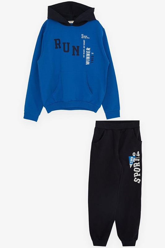 Boy's Tracksuit Set Hooded Text Printed Saks Blue (Age 5-10)