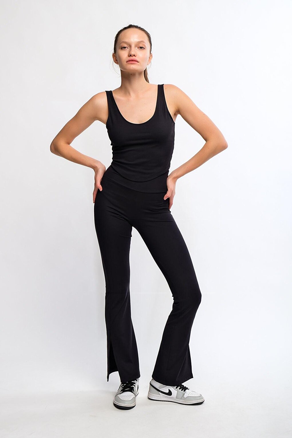 Black Women's High Waist Ribbed Flare Leg Sports Leggings - Toledo