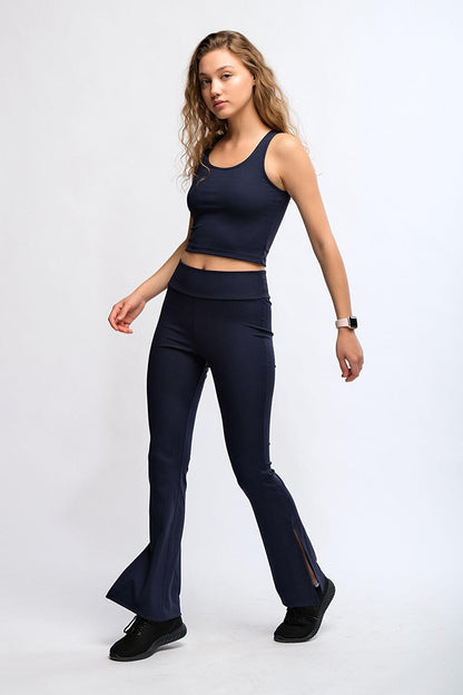 Navy Blue Women's High Waist Ribbed Flare Leg Sports Leggings - Toledo