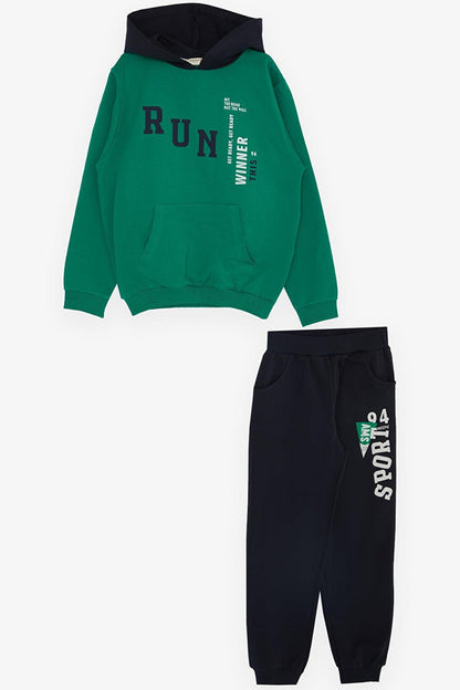 Boy's Tracksuit Set Hooded Text Printed Dark Green (Age 5-10)