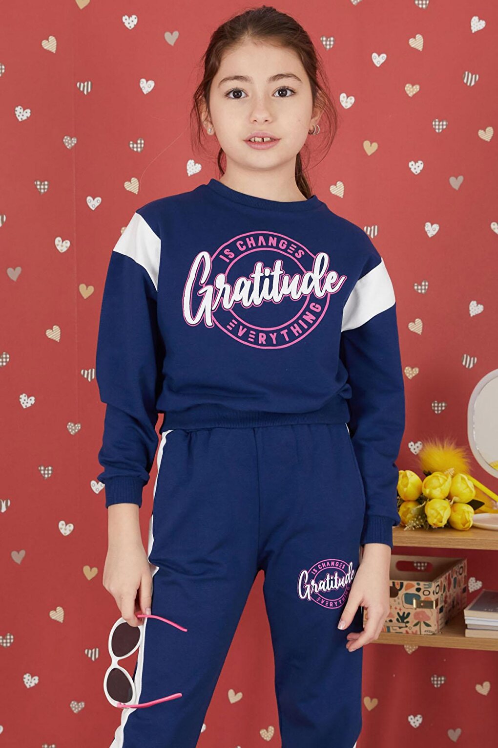 Navy Blue Embossed Written Stripe Girl's Tracksuit Set 17389