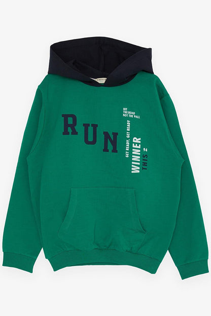 Boy's Tracksuit Set Hooded Text Printed Dark Green (Age 5-10)