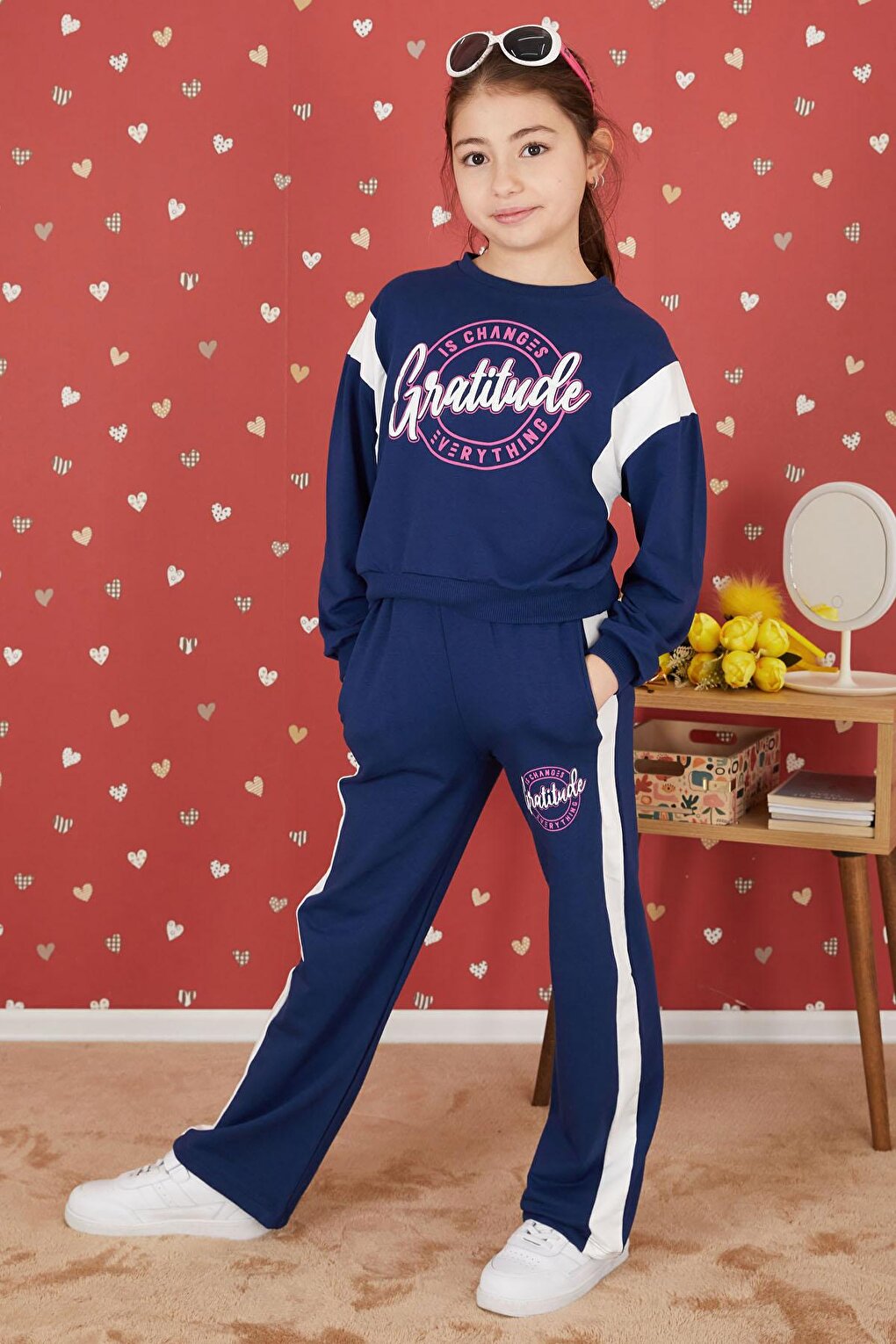 Navy Blue Embossed Written Stripe Girl's Tracksuit Set 17389