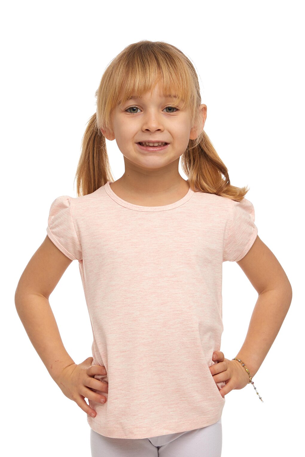 Light Pink Melange Girl's Short Sleeve Basic T-Shirt