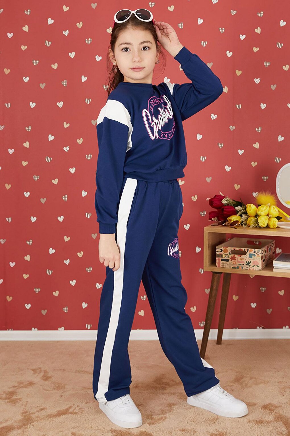 Navy Blue Embossed Written Stripe Girl's Tracksuit Set 17389