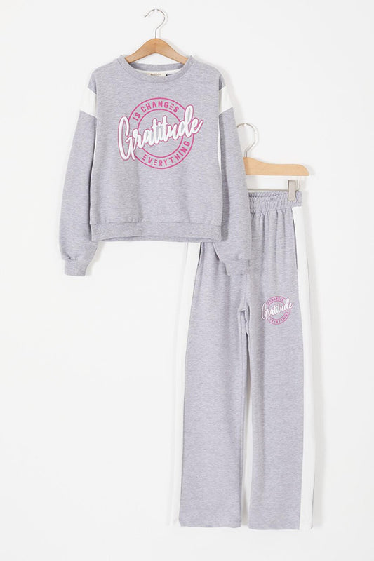 Gray Embossed Written Stripe Girl's Tracksuit 17388