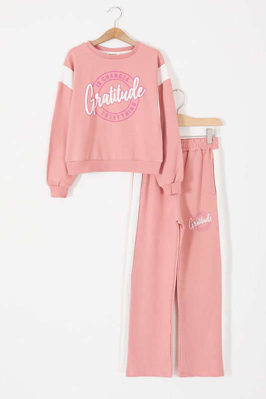 Pink Embossed Written Stripe Girl's Tracksuit 17387