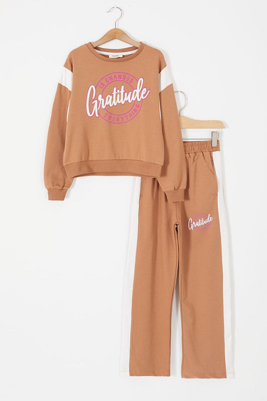 Brown Embossed Written Stripe Girl's Tracksuit 17386