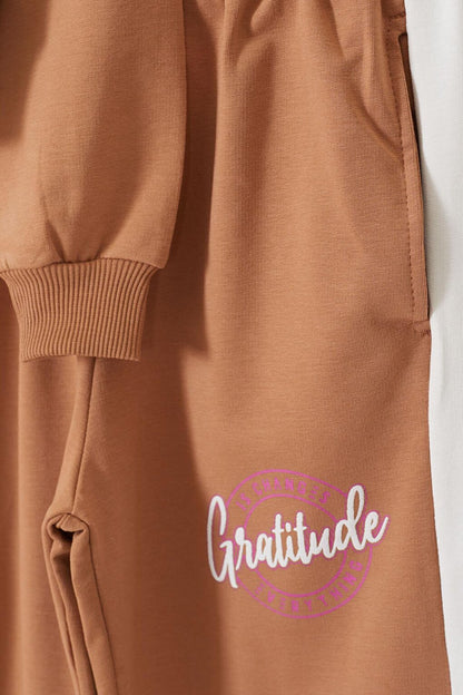 Brown Embossed Written Stripe Girl's Tracksuit 17386