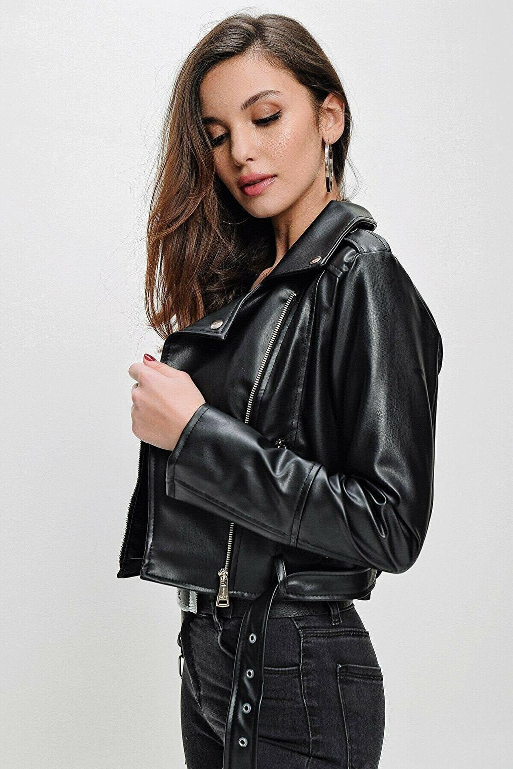 Women's Black Biker Faux Leather Jacket HZL22W-BD110291