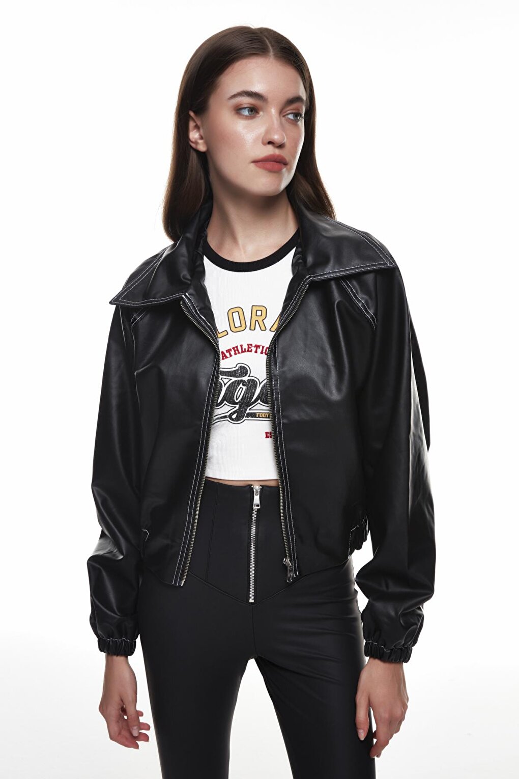 Elastic Waist Zippered Leather Jacket Black