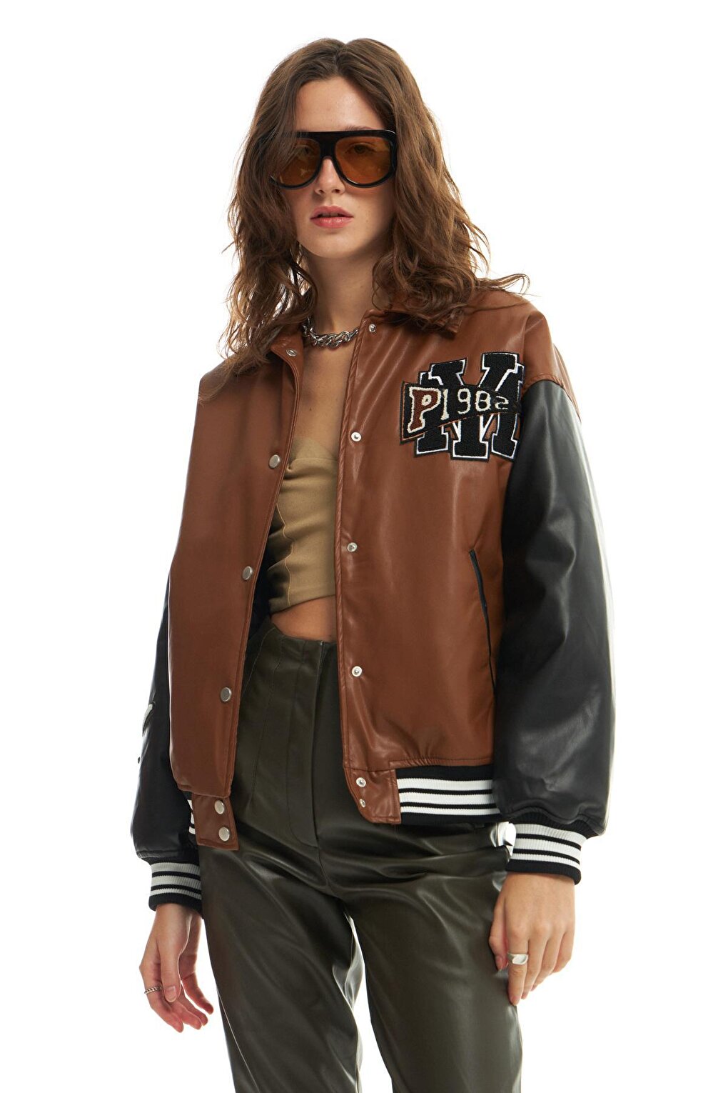 Embroidery Detail Leather College Jacket Light Brown