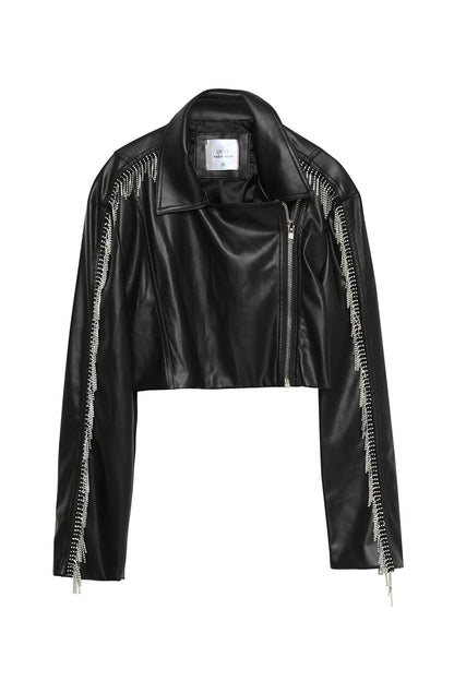 Crop Leather Jacket with Stone Accessories Black