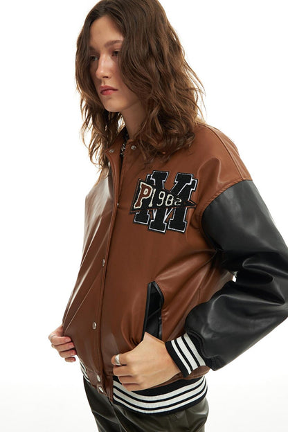 Embroidery Detail Leather College Jacket Light Brown