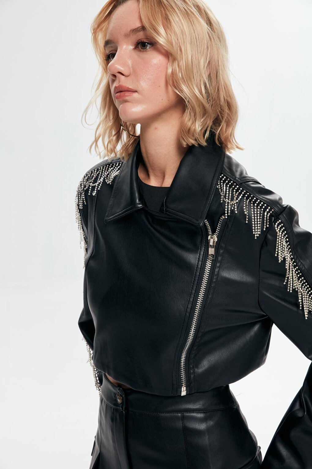 Crop Leather Jacket with Stone Accessories Black