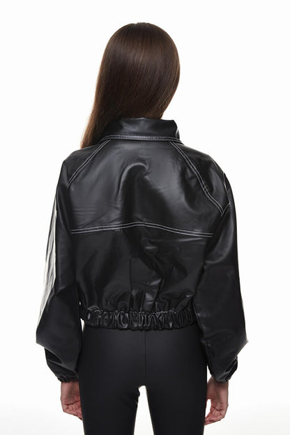 Elastic Waist Zippered Leather Jacket Black