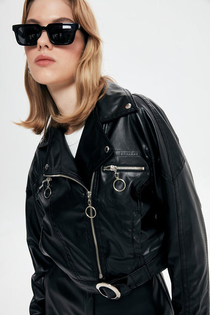 Biker Pocket Leather Jacket Black