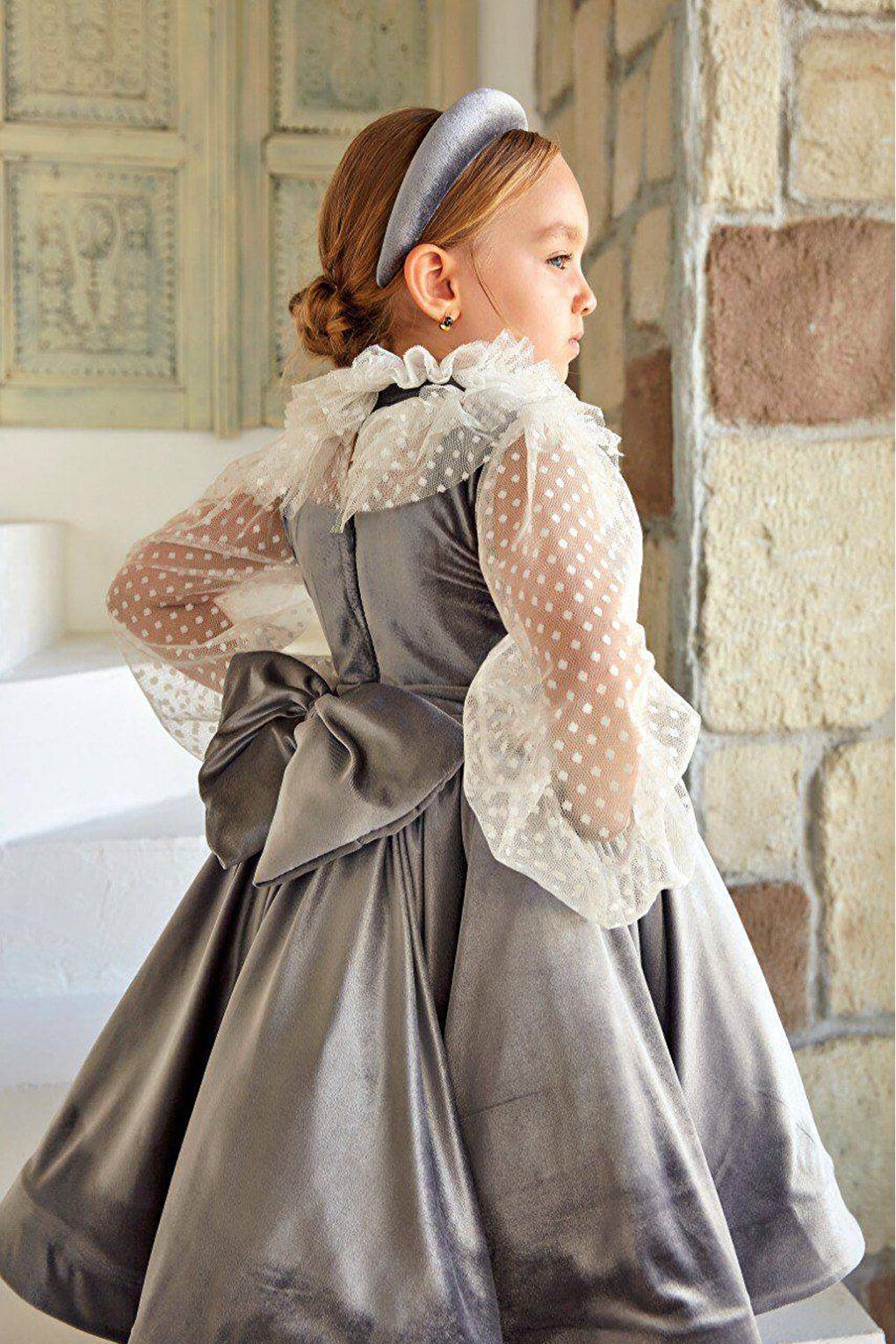 Girl's Gray Velvet Dress with Polka Dots on the Sleeves, Transparent Detail and Ruffles on the Collar