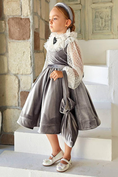 Girl's Gray Velvet Dress with Polka Dots on the Sleeves, Transparent Detail and Ruffles on the Collar