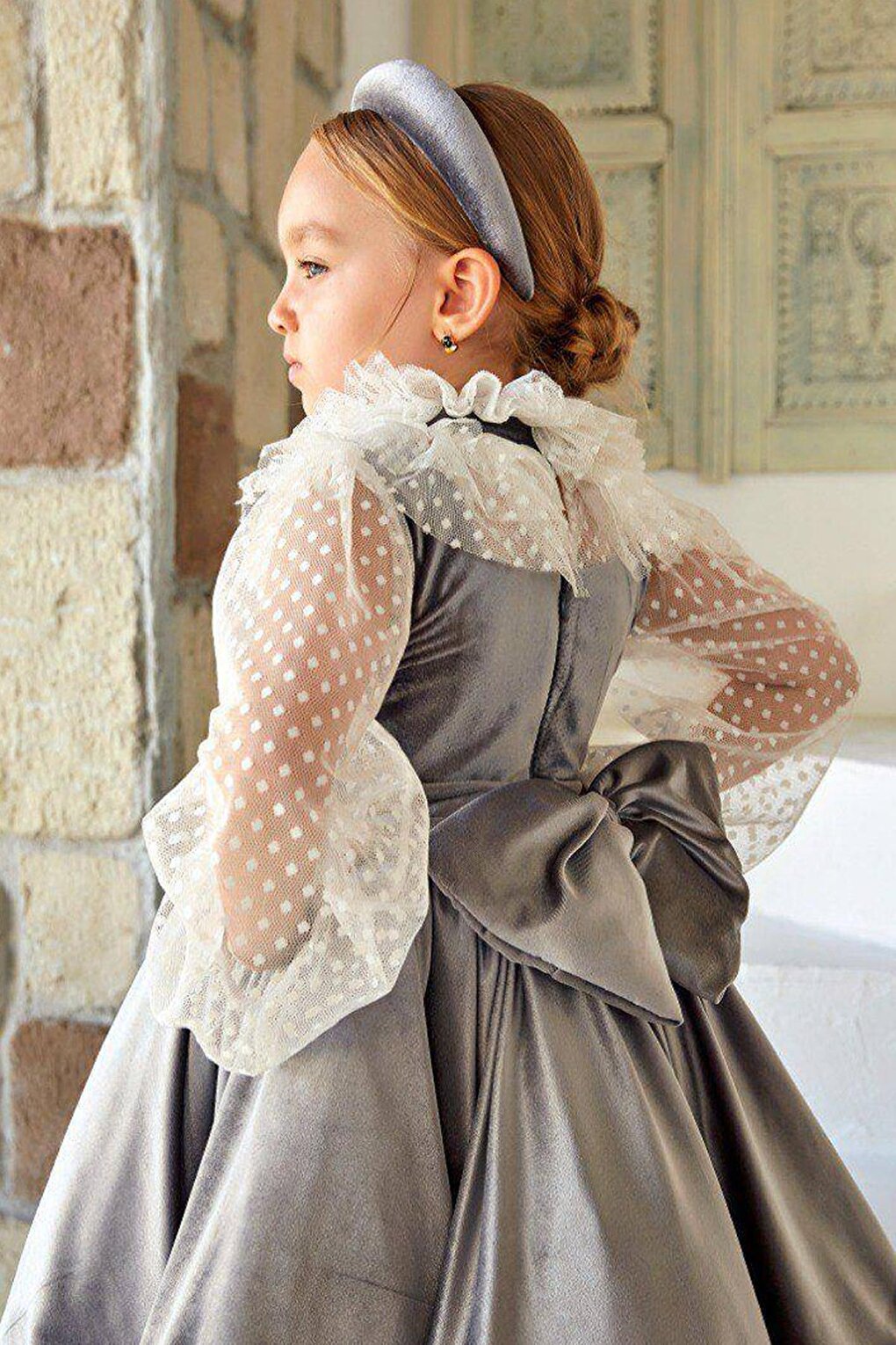 Girl's Gray Velvet Dress with Polka Dots on the Sleeves, Transparent Detail and Ruffles on the Collar