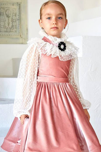 Girl's Powder Velvet Dress with Polka Dots on the Sleeves, Transparent Detail and Ruffles on the Collar