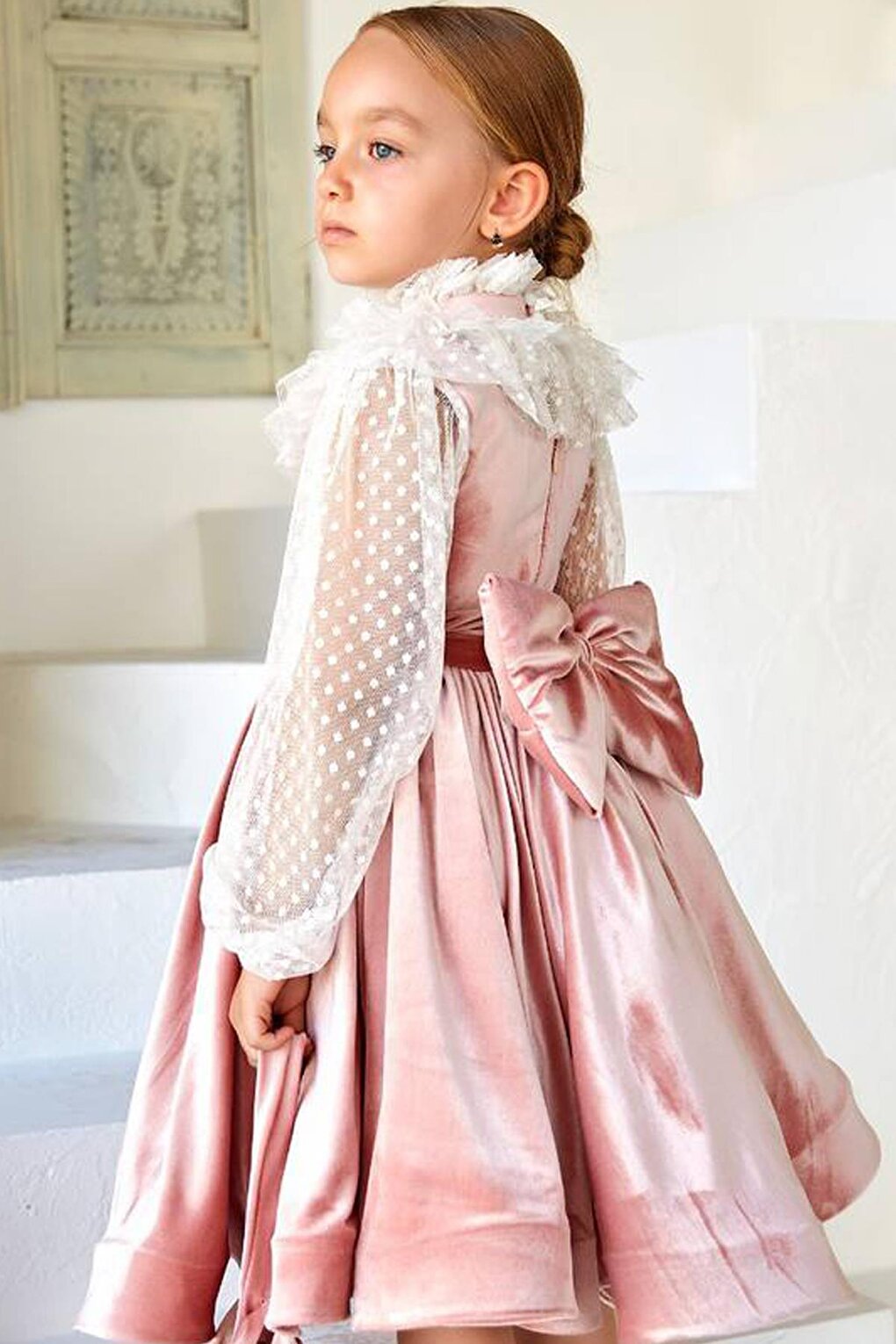 Girl's Powder Velvet Dress with Polka Dots on the Sleeves, Transparent Detail and Ruffles on the Collar