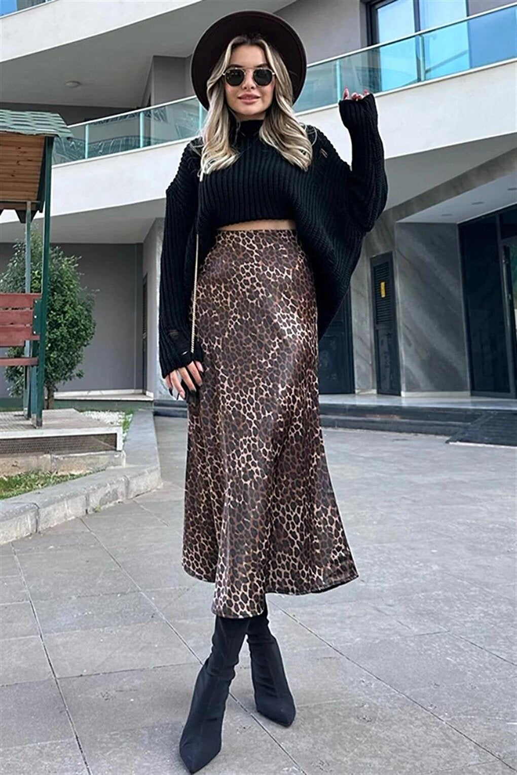 Women's Brown Leopard Patterned Satin Finished Elastic Waist Midi Length Skirt Hzl23s-bd1101471