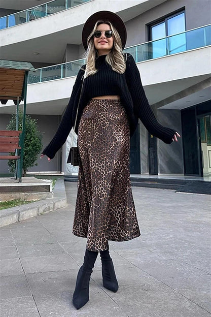 Women's Brown Leopard Patterned Satin Finished Elastic Waist Midi Length Skirt Hzl23s-bd1101471