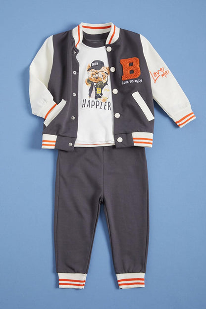 Baby Boy Gray Printed College Jacket Tracksuit Set 3 Piece 16158