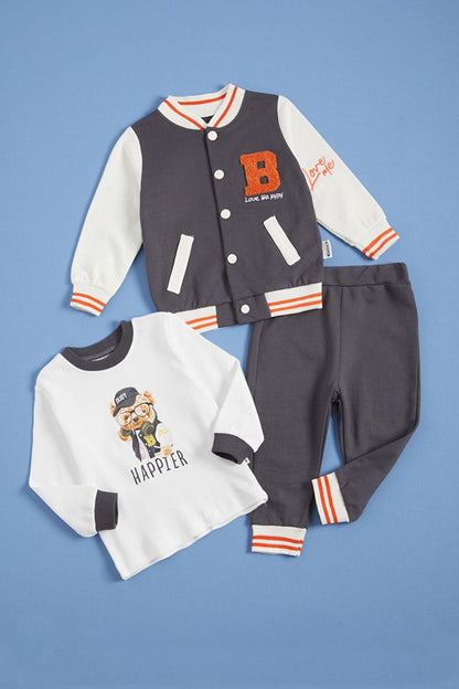 Baby Boy Gray Printed College Jacket Tracksuit Set 3 Piece 16158