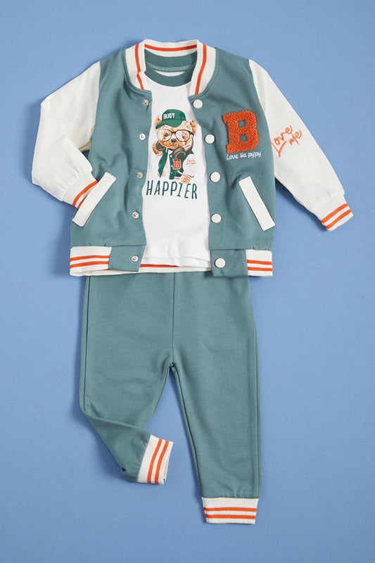 Baby Boy Green Printed College Jacket Tracksuit Set 3 Piece 16159