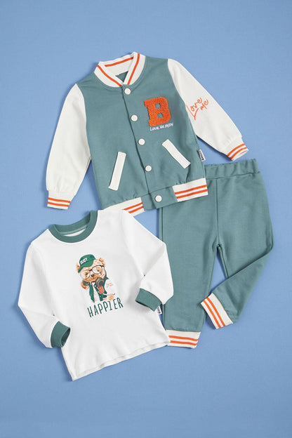 Baby Boy Green Printed College Jacket Tracksuit Set 3 Piece 16159