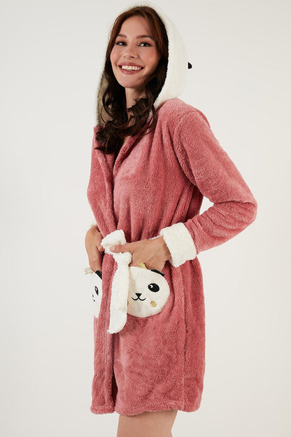 Waist-Tied Hooded Plush Dressing Gown with Pockets 6093040PANDA