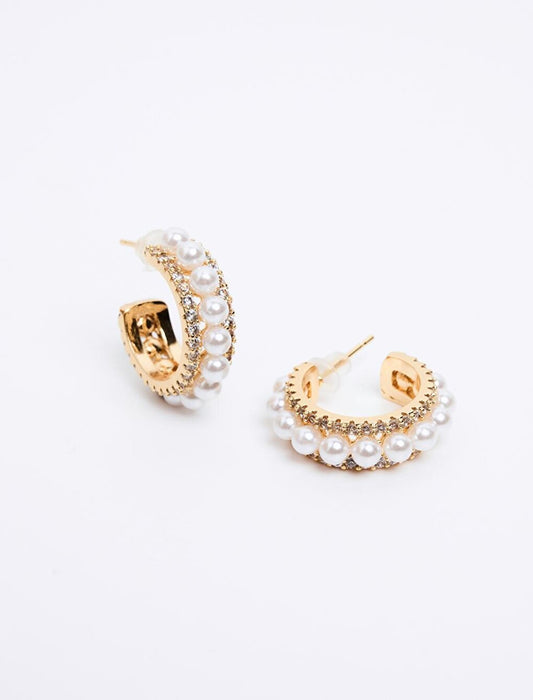 Pearl Hoop Earrings with Gold Shiny Stone