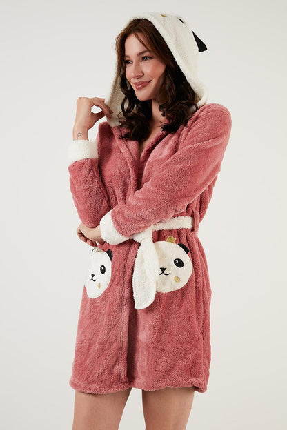 Waist-Tied Hooded Plush Dressing Gown with Pockets 6093040PANDA