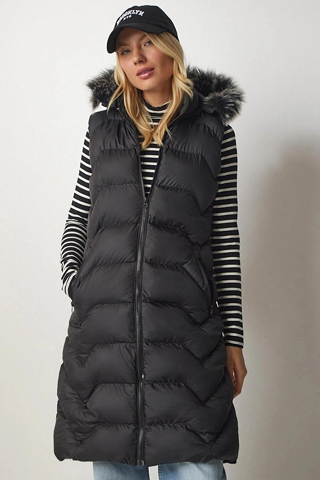 Women's Black Furry Removable Hooded Lined Long Puffer Vest HZL24W-BD151661