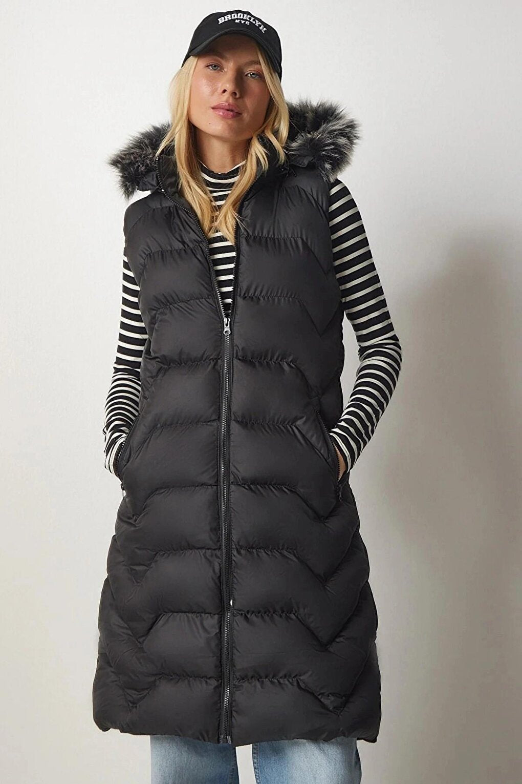 Women's Black Furry Removable Hooded Lined Long Puffer Vest HZL24W-BD151661