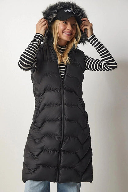 Women's Black Furry Removable Hooded Lined Long Puffer Vest HZL24W-BD151661