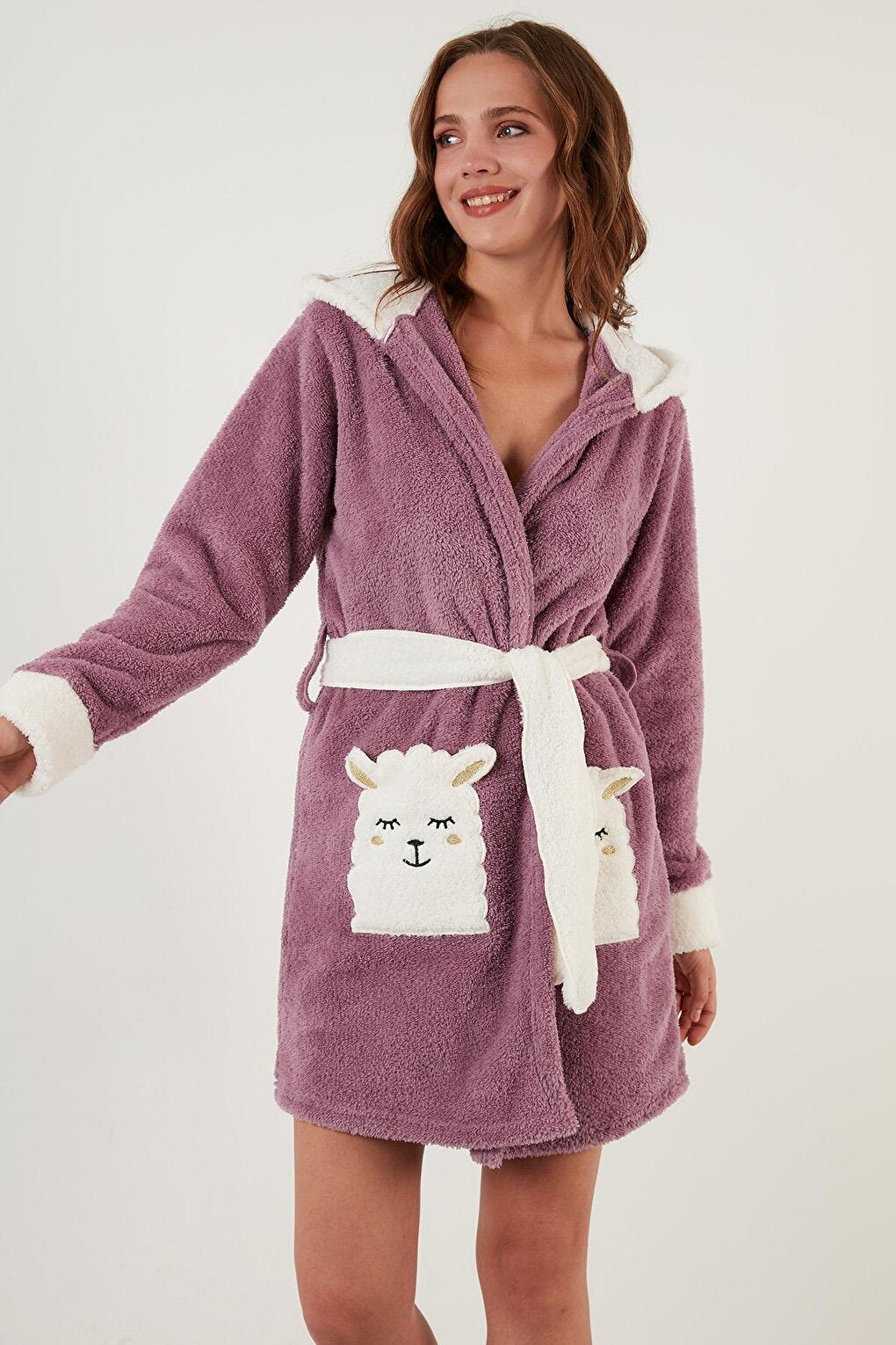 Waist-Tied Hooded Plush Dressing Gown with Pockets 6093040