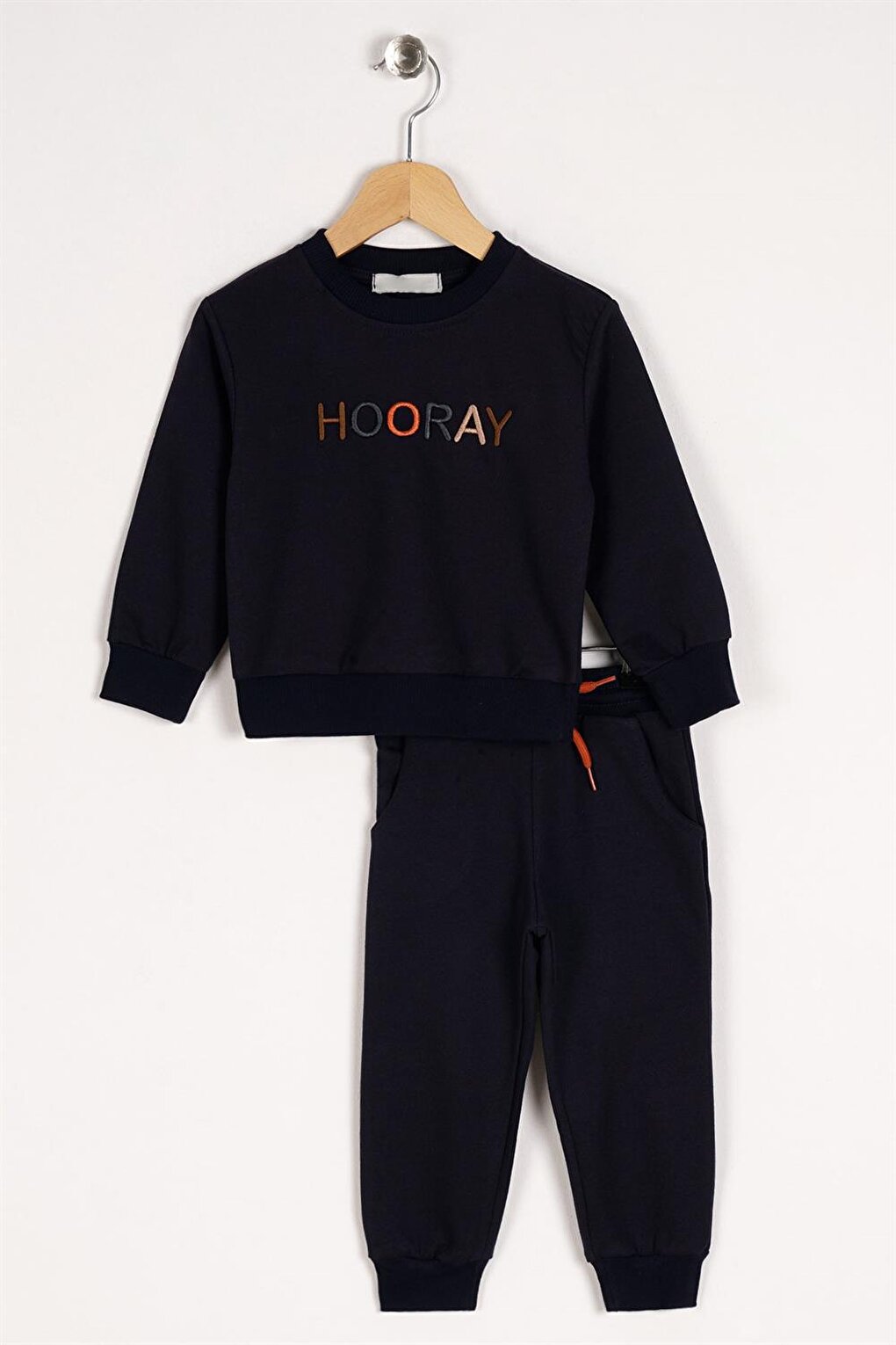 Boy's Navy Blue Colored Hooray Printed Double Suit