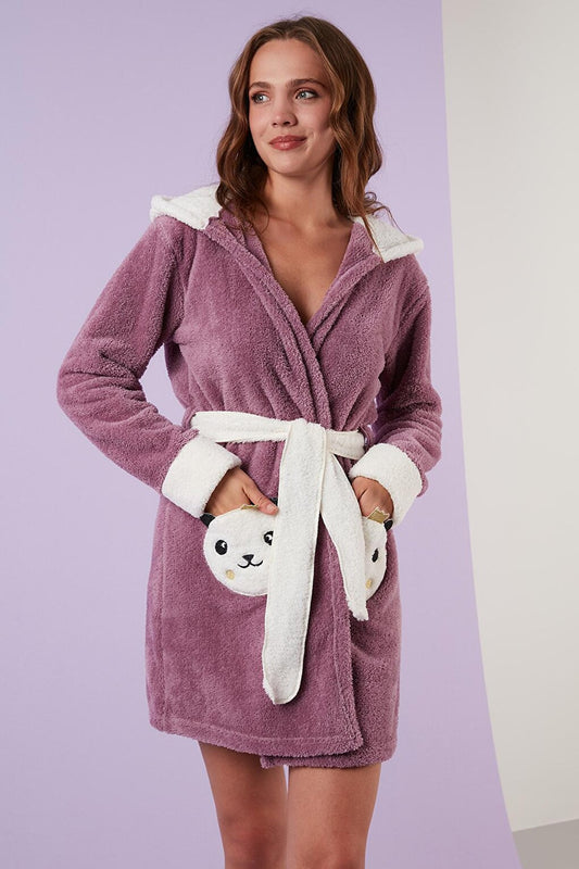 Waist-Tied Hooded Plush Dressing Gown with Pockets 6093040PANDA