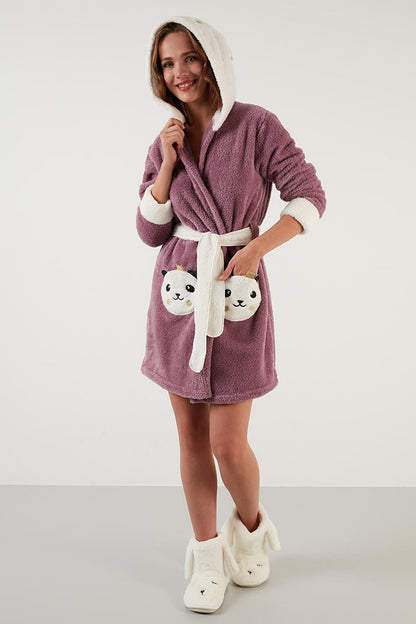 Waist-Tied Hooded Plush Dressing Gown with Pockets 6093040PANDA