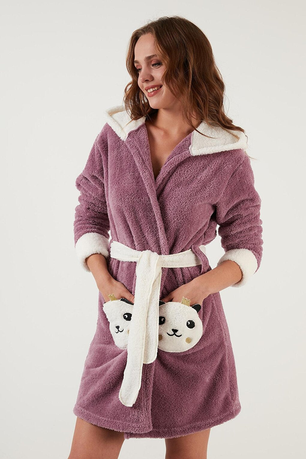 Waist-Tied Hooded Plush Dressing Gown with Pockets 6093040PANDA