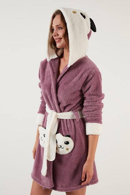 Waist-Tied Hooded Plush Dressing Gown with Pockets 6093040PANDA